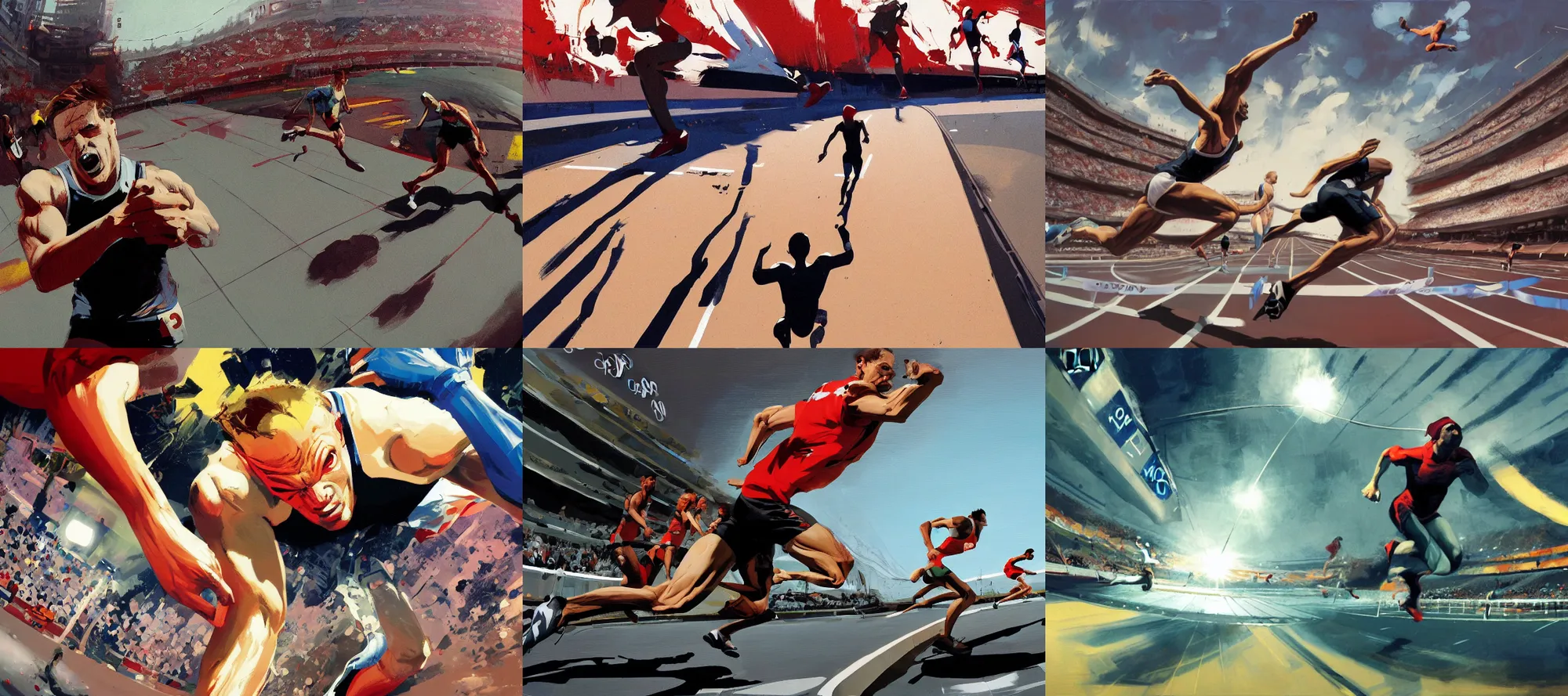 Prompt: incredible screenshot of an olympic runner crossing the finishing line, dynamic camera angle, deep 3 point perspective, fish eye, dynamic scene, by phil hale, ashley wood, geoff darrow, james jean, 8k, hd, high resolution print