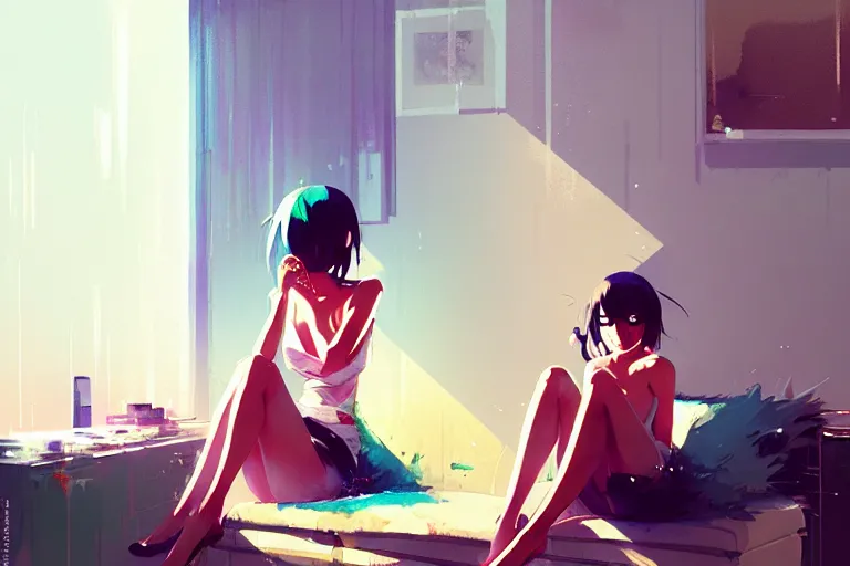 Image similar to a ultradetailed beautiful panting of a stylish woman sitting in a messy apartment, by makoto shinkai, conrad roset and greg rutkowski, trending on artstation