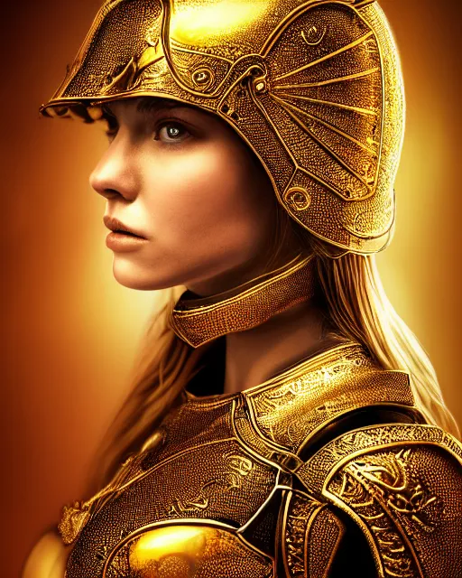 Image similar to airbrush portrait of woman in shining golden armor, high production value, intricate details, high resolution, hdr, high definition, masterpiece, realistic, ultrarealistic, highly detailed, hd, sharp focus, non blurry, sharp, smooth