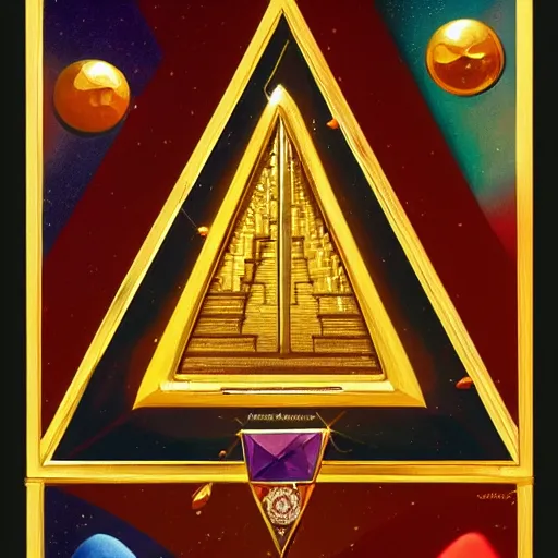 Image similar to a sadomasochistorya and gregarious pyramidal jewel, made of gold and jewels, majestic by john philip falter, trending on art deco tincture, trending on artstation the cosmic microwave