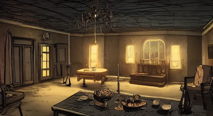 Prompt: creepy vampire mansion interior in the style of disco Elysium