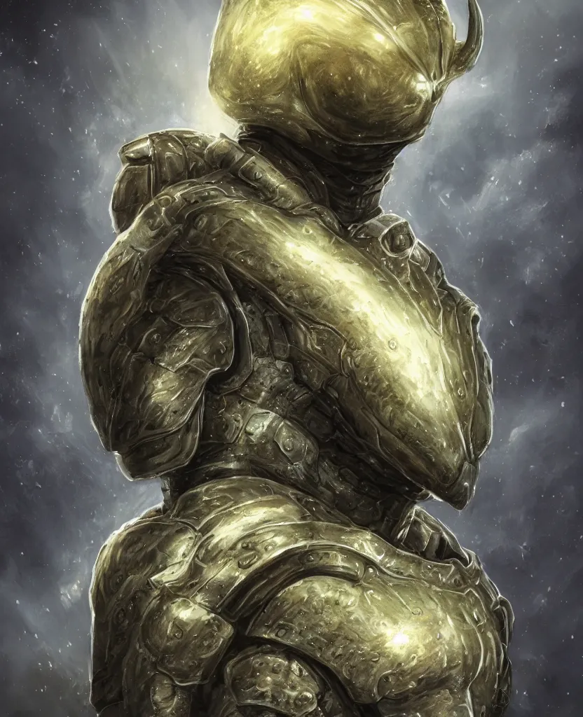 Prompt: a hero portrait of an alien creature with highly detailed features wearing heavy armor, dramatic rim lighting