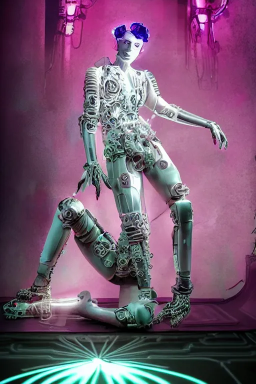 Image similar to full-body rococo and cyberpunk style neon statue of a muscular attractive Zayn Malik macho dotado e rico android sim roupa reclining con las piernas abertas e la piroca dura, glowing white laser eyes, prince crown of pink gears, diamonds, swirling silver-colored silk fabric. futuristic elements. full-length view. space robots. human skulls. intricate artwork by caravaggio. Trending on artstation, octane render, cinematic lighting from the right, hyper realism, octane render, 8k, depth of field, 3D