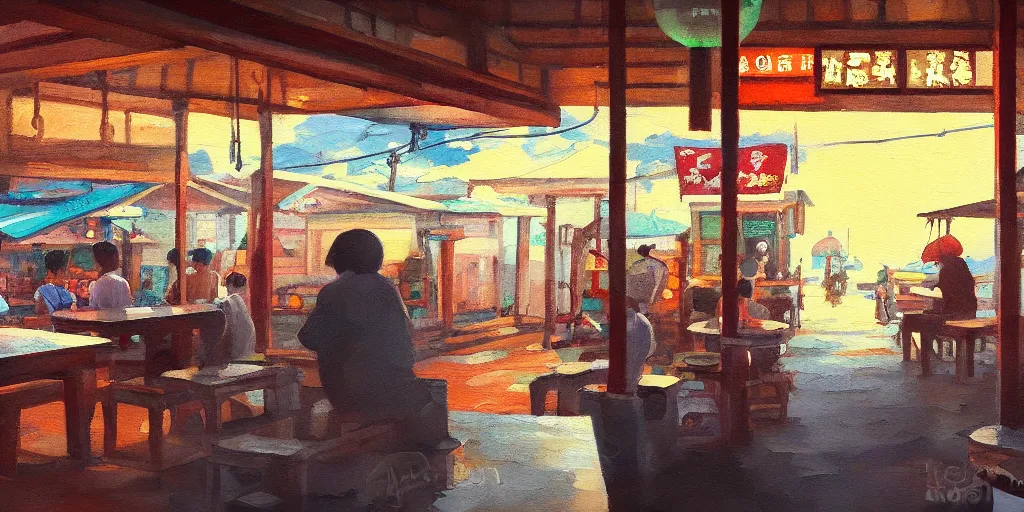 Image similar to interior of a small kopitiam at pulau indah fishing village, near a jetty, early morning, detailed painting, low angle view, telephoto lens, bokeh, studio ghibli, artstation