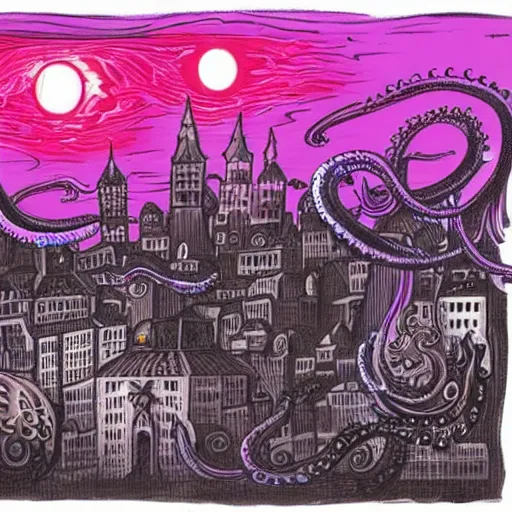 Image similar to full moon engulfed by tentacles over a gothic cityscape.