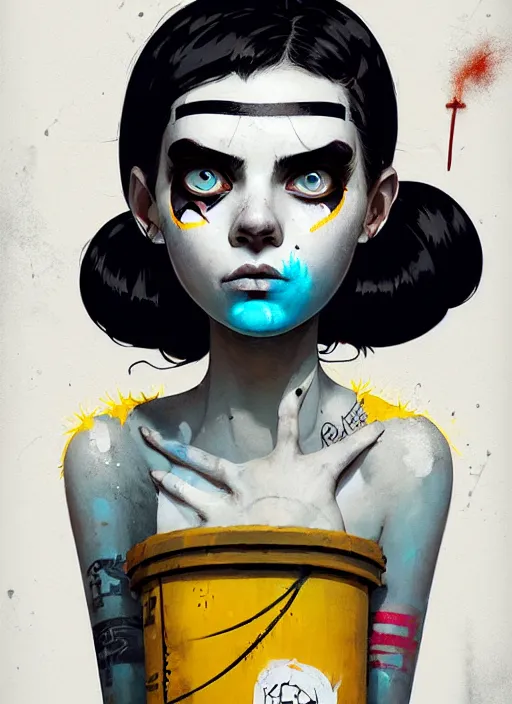 Image similar to highly detailed portrait of a sewer punk student lady with white graffiti face paint by atey ghailan, james gilleard, by joe fenton, by greg rutkowski, by greg tocchini, by kaethe butcher, 4 k resolution, gradient yellow, black, brown and cyan color scheme, grunge aesthetic!!! ( ( dystopian graffiti tag wall in background ) )