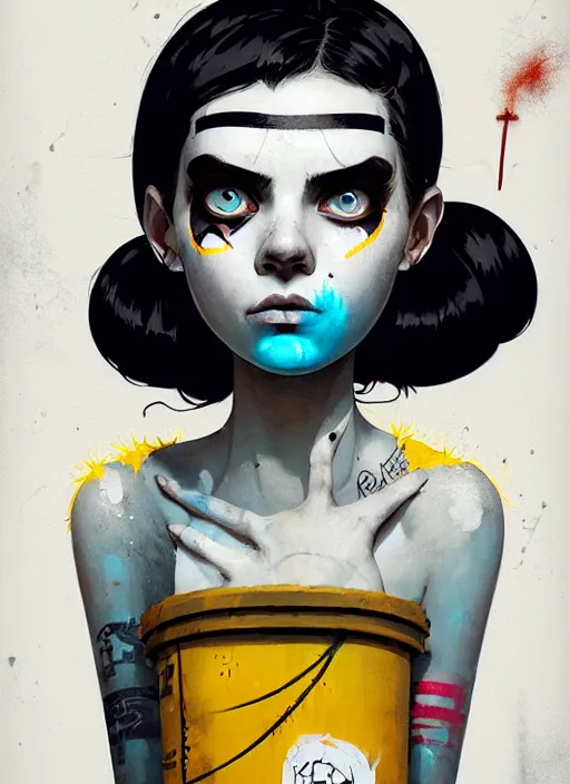 Prompt: highly detailed portrait of a sewer punk student lady with white graffiti face paint by atey ghailan, james gilleard, by joe fenton, by greg rutkowski, by greg tocchini, by kaethe butcher, 4 k resolution, gradient yellow, black, brown and cyan color scheme, grunge aesthetic!!! ( ( dystopian graffiti tag wall in background ) )