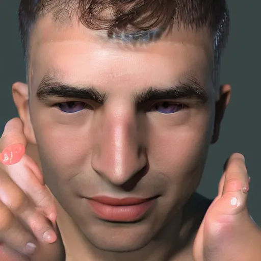 Prompt: dramatic closeup a man who's face is made of bubble wrap plastic, a finger is popping one of the bubbles, realistic blender render, translucency and subsurface scattering