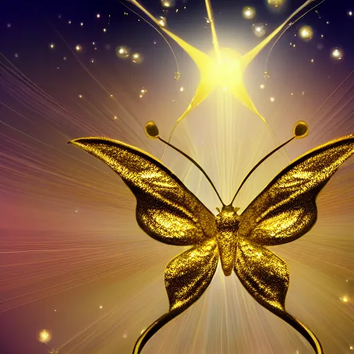 Prompt: a golden butterfly with gold halo in space realistic image photograph