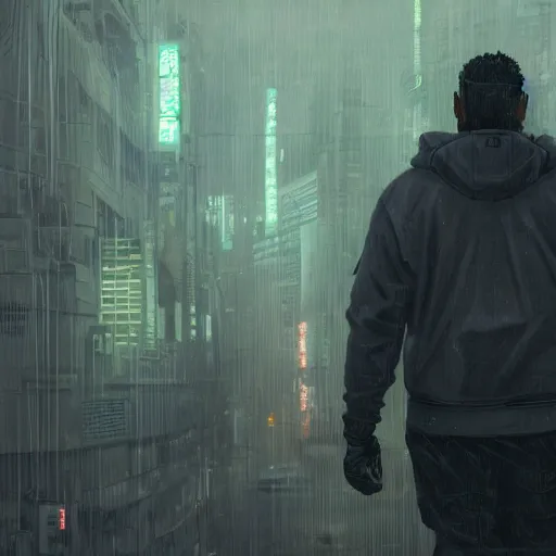 Prompt: A broad shouldered, large man in a techwear outfit, Acronym P31-ds pants, high quality, digital art, dire cyberpunk city, gray sky, neon signs in background, greg rutkowski