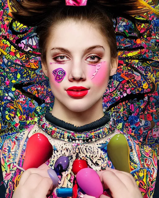 Image similar to a close up of beautiful cheerleader girl with pink lipstick wearing a multicoloured necklace surrounded by colourful intricate patterns, by caravaggio and michael whelan, intricate painting, hyper realistic, extremely detailed and beautiful aesthetic face, 8 k resolution