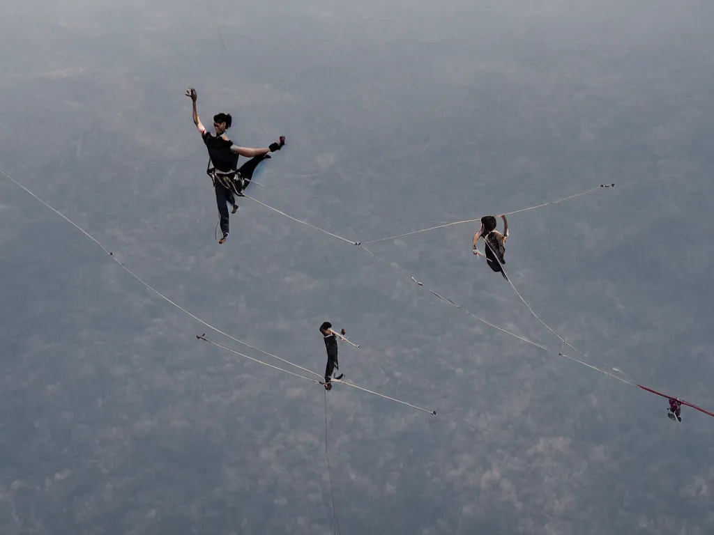 Prompt: A tightrope walker in the middle of walking a small thin line attached to the wings of two planes in the sky, realism, wide-angle, photography, epic, 4k