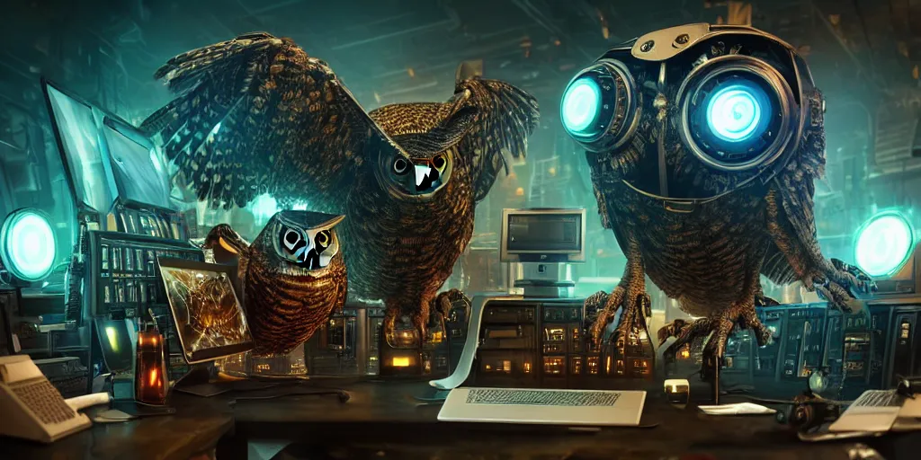 Image similar to an giant evil, malevolent, cyborg owls looking at a computer, surrounded by computer screens. steampunk. this 4 k hd image is trending on artstation, featured on behance, well - rendered, extra crisp, features intricate detail and the style of unreal engine. volumetric lighting octane render