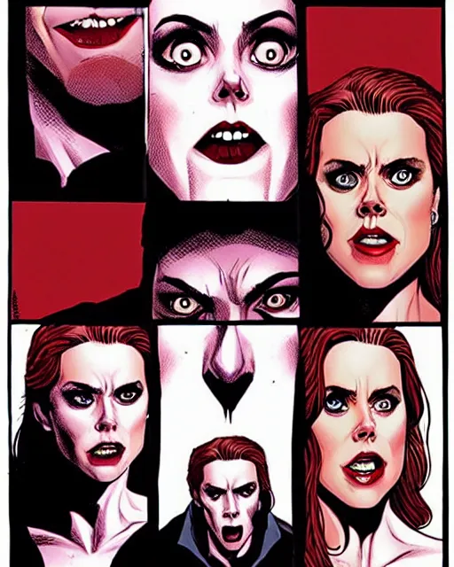 Prompt: vampire : : rafeal albuquerque comic art, peter mohrbucher : : gorgeous amy adams : : sharp teeth, open mouth sneer : : symmetrical face, symmetrical eyes : : gorgeous red hair : : magic lighting, low spacial lighting : :