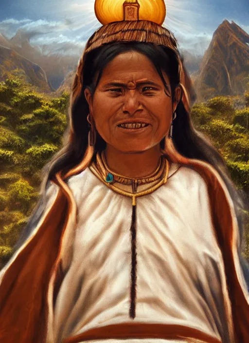 Image similar to incan female priest starring at the sky, with arms up, praying at the sky, realistic face, matte painting, fantasy art