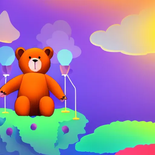 Image similar to cartoon animated bear wearing clothes being launched out of a futuristic machine into a purple and orange cloud land