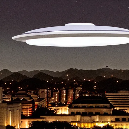 Image similar to ufo from independence day is flying over Pyongyang . real photo ultra realistic