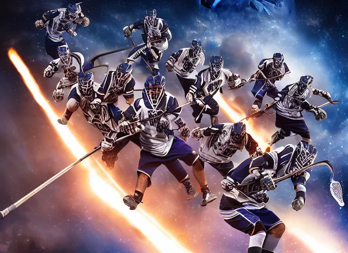 Image similar to lacrosse team versus chitauri, playing intergalactic championship, in space, highly detailed, 8k, intricate, sony a7r iv 55mm, award winning.