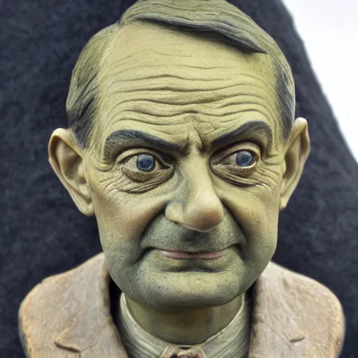 Image similar to hyper realistic closeup bust of a new england fisherman, mr. bean, painted, colorized, bossons vintage chalkware, by emile renouf