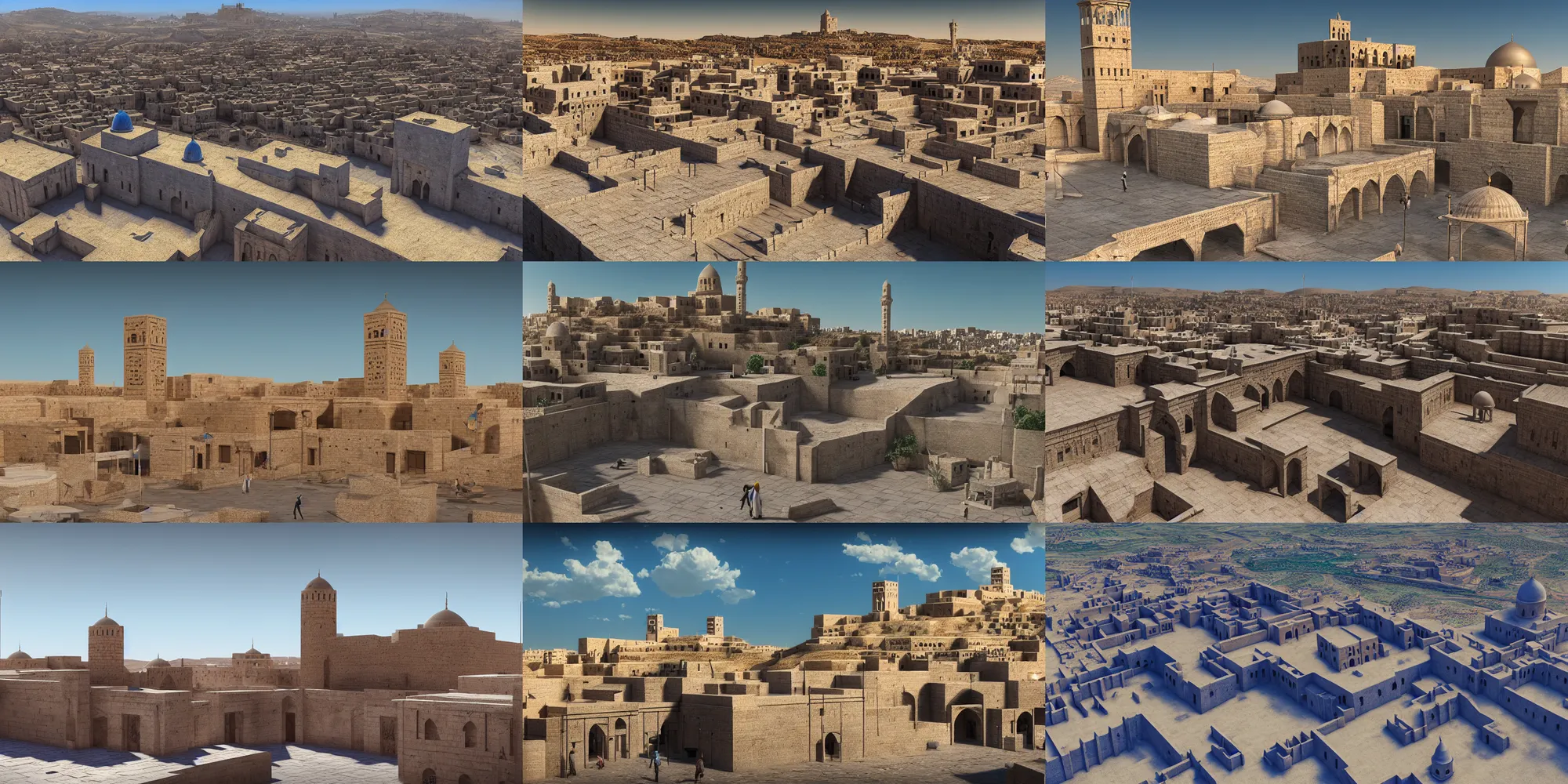 Prompt: artstation scene, citadel of erbil, old town mardin, kurdistan, bright blue sky, unreal engine 5, hyper realism, realistic shading, cinematic composition, blender render, octane render, hdr, detailed tectures, photorealistic, wide shot