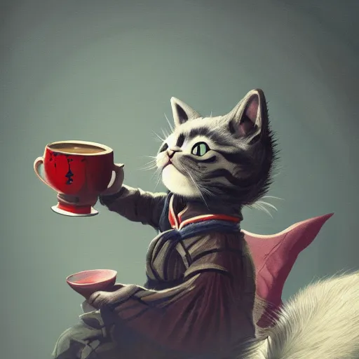 Prompt: many cat samurais are drinking tea, highly detailed, digital painting, artstation, japanese ukiyo style,, movie still, smooth, sharp focus uhd 8 k