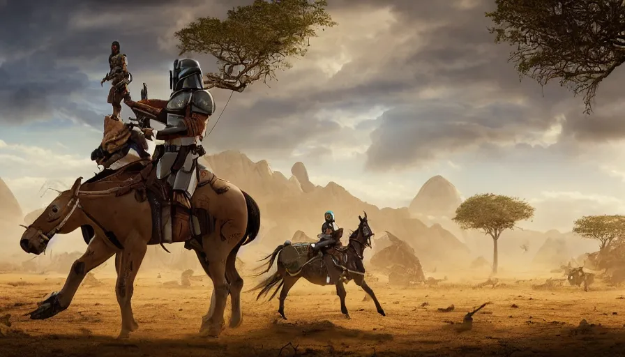 Image similar to mandalorian riding a horse alone, madagascar with baobabs trees in the background, tribe members chasing for an attack, action scene, an epic fantasy, artgerm and greg rutkowski and alphonse mucha, an epic fantasy, volumetric light, detailed, establishing shot, cinematic, photorealistic, trending on art station, octane render, midsommar