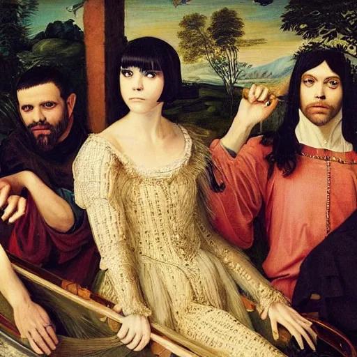 Image similar to a renaissance style painting of the musician bat for lashes fur and gold era