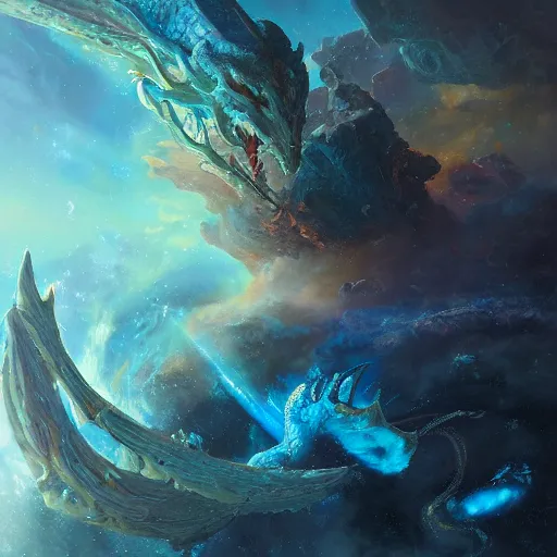 Image similar to prompt crystalline blue, European dragon, devouring a planet, space, planets, moons, sun system, nebula, oil painting, by Fernanda Suarez and and Edgar Maxence and greg rutkowski