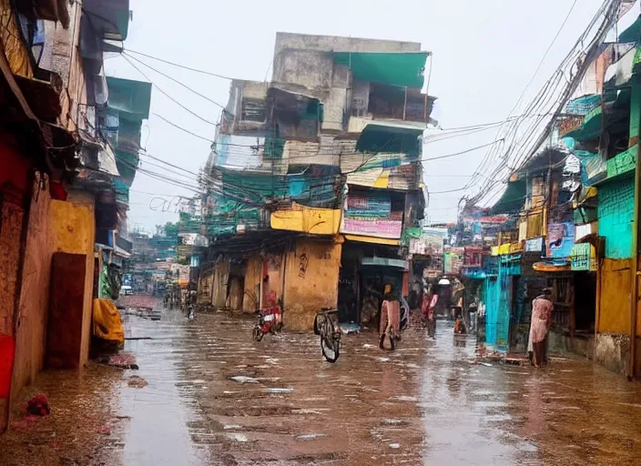 Prompt: A rainy Indian street in India, Empty Streets