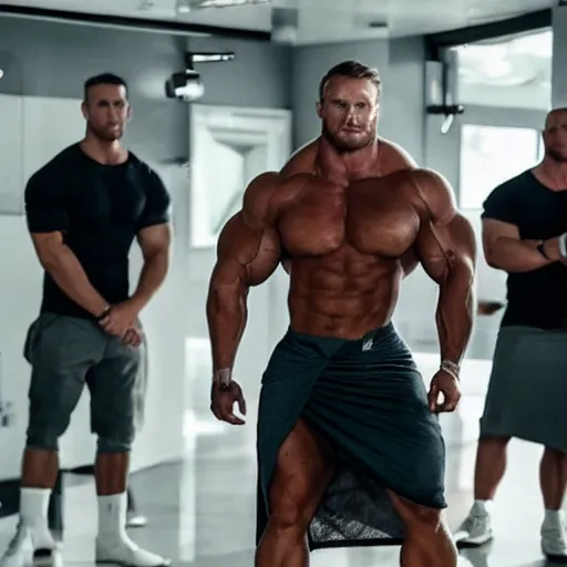 Prompt: still of chris bumstead in a skirt