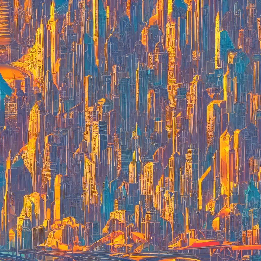 Image similar to futuristic art deco city. airbrush style. in technicolor, at golden hour.