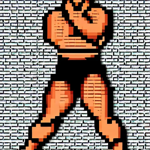 Image similar to full body portrait. 1 6 bit sega graphics. antropomorphic muscular masculine wolf, kickboxer fighter, in shorts, staying in front of brick wall. wolf head. furr on body