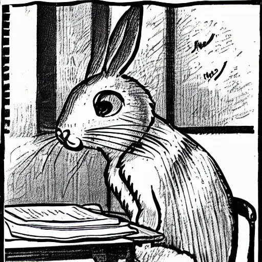 Prompt: a cute cartoon rabbit sitting at a table and writing on a notebook, Children's Book Illustration, Antoine de Saint-Exupéry