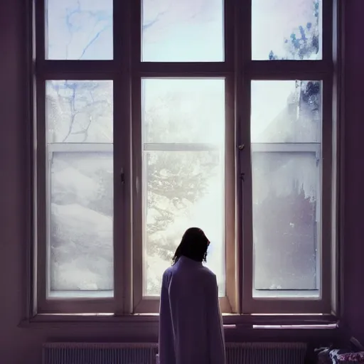 Image similar to person in pyjamas standing near window, sun rays, daylight, big french door window, big spatious room, 2 4 mm, walls left and right, window at the center, wooden floor, modern, pastel palette, winter sun, photorealistic, high ceiling