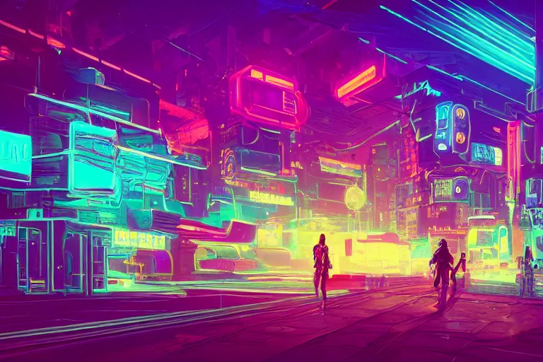 Image similar to a dreamlike cyberpunk city sit in the very far future, neon signs, shops and bars, floating buildings, glowing neons, synthwave, slightly abstract, rich deep colors, 4 k, realistic photography, flying cars in the distance, robot humanoids, anthropomorphic vehicles, fantasy setting, brilliant dreamy lighting, 8 0 s vibe, morning, blue sun