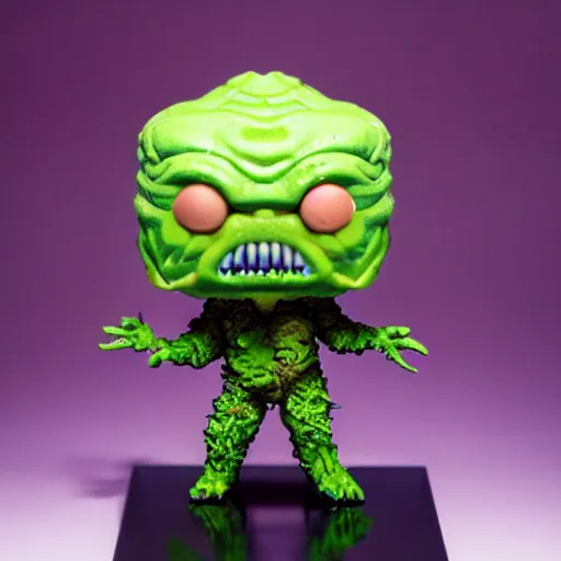 Image similar to funko pop doll of a terrifying lovecraftian giant mechanized melting swamp thing on fire taken in a light box with studio lighting, high detail, some background blur