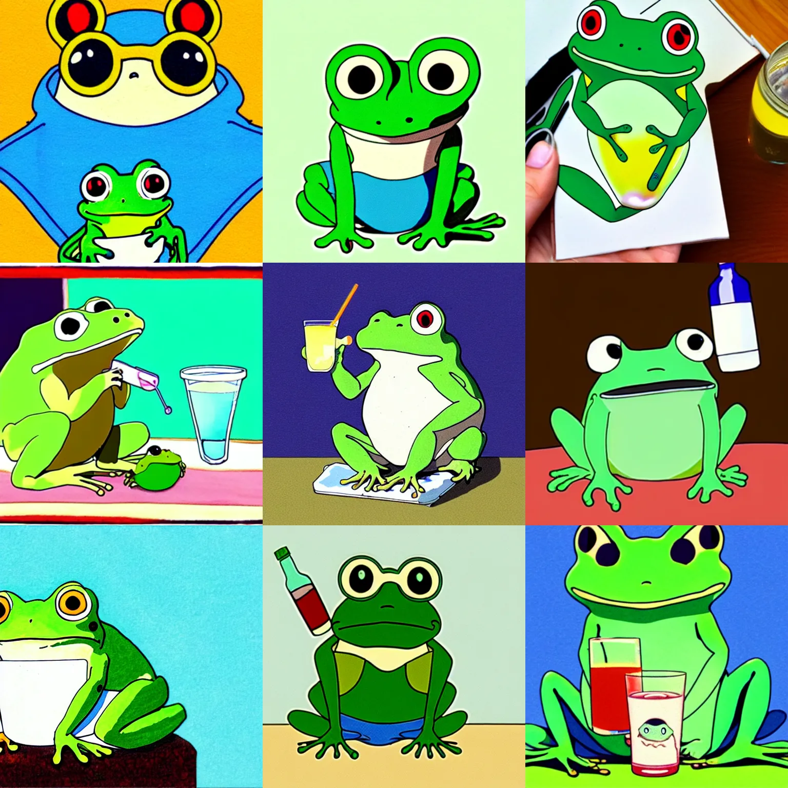 Prompt: studio ghibli frog, glasses, drinking a juice box