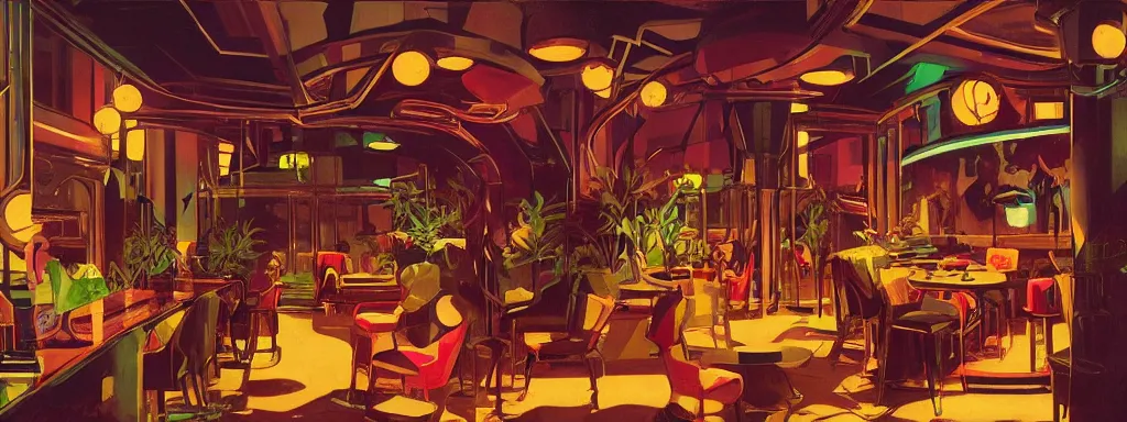 Image similar to concept art, crowded retro - futurist speakeasy, reflections, dark moody lighting, designer furniture, high ceiling, 6 0 s colour palette, beautiful plants, colourful flowers, floor lamps, multi - level, bladerunner, james jean, syd mead, akihiko yoshida, cinematic