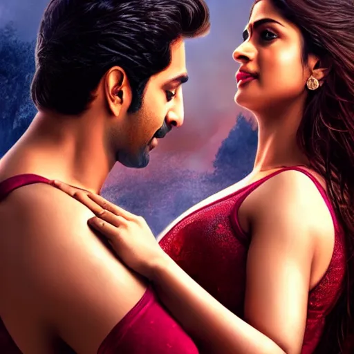 Image similar to perfectly centered bollywood movie promotional poster of anatomically correct hero and heroine intimate romantic pose, faces symmetrical ; real life portrait, ultra realistic, high coherence, intricate, hdr, highly detailed, photorealistic, octane render, 8 k, unreal engine ; art by artgerm, greg rutkowski, charlie bowater