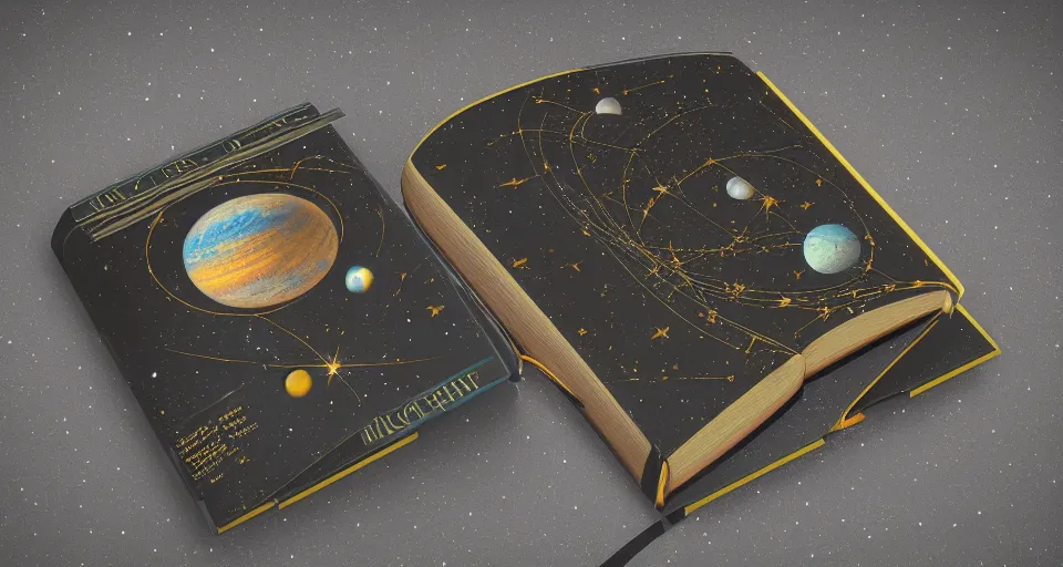 Prompt: a majestic and mystifying book about space travel, moleskin book, relic, knowledge, wisdom, secrets, travel guide, space tourism, hard cover book, adventure, hyper realistic, realistic, 8 k render, unreal engine 5 render