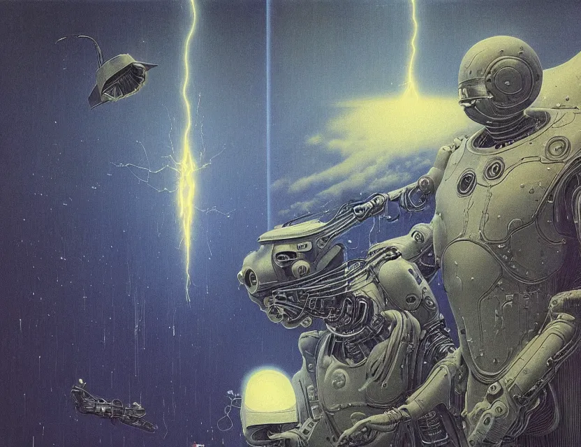 Image similar to a detailed portrait painting of a wizard robot with lazers in the eyes. Head and chest only. Movie scene, cinematic sci-fi scene. Flight suit, cloth and metal, accurate anatomy. portrait symmetrical and science fiction theme with lightning, aurora lighting. clouds and stars. Futurism by beksinski carl spitzweg moebius and tuomas korpi. baroque elements. baroque element. intricate artwork by caravaggio. Oil painting. Trending on artstation. 8k