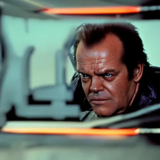 Prompt: VFX movie where Jack Nicholson plays the Terminator with a glowing red eye