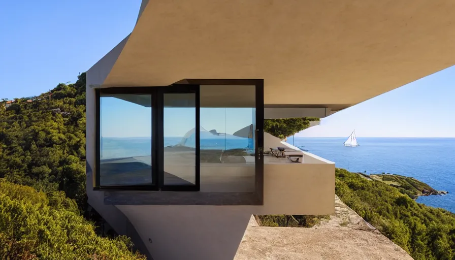 Image similar to modern house perched on a cliff overlooking a magnificient bay, raphael lacoste