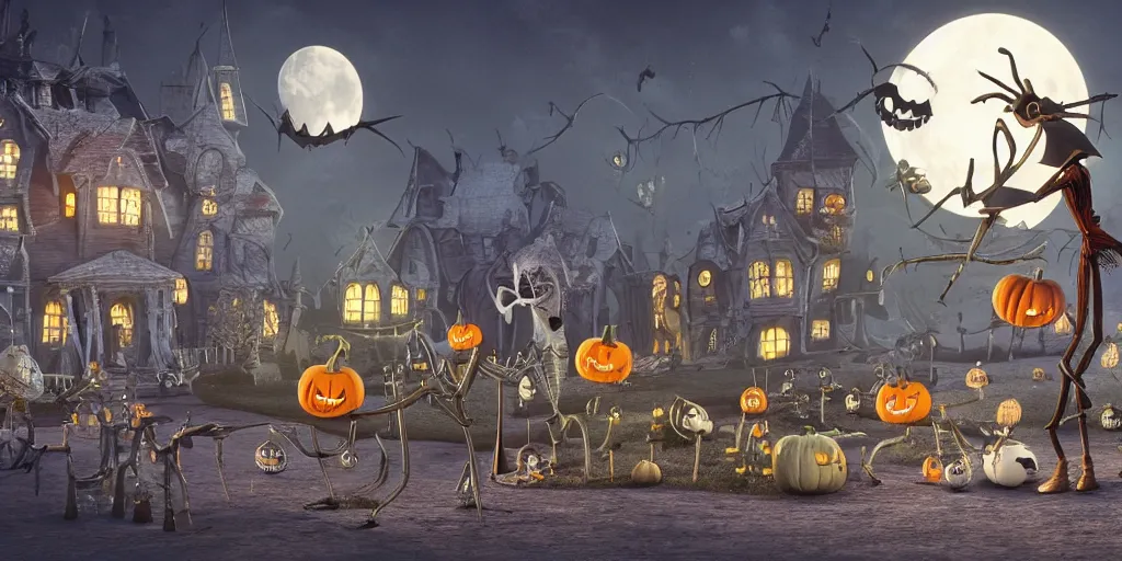 Image similar to a scene from tim burtons nightmare before christmas, halloween town, illustration, reality, wide shot, light colors, highly detailed, sharp focus, cinema 4 d, 3 d, octane render