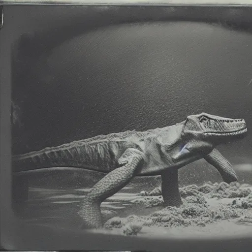 Image similar to tintype photo, underwater, dinosaur swimming