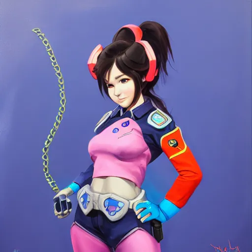 Image similar to Nerf This! D.VA from Overwatch wearing a police uniform, holding handcuffs in one hand Blizzard Concept Art Studio Ghibli. oil paint. 4k. by brom.