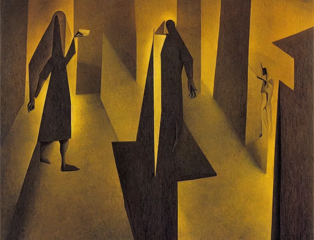 Prompt: a holy man followed by a floating light wandering the streets of a city, high angle, stylized, sparse detail, by remedios varo, picasso and moebius