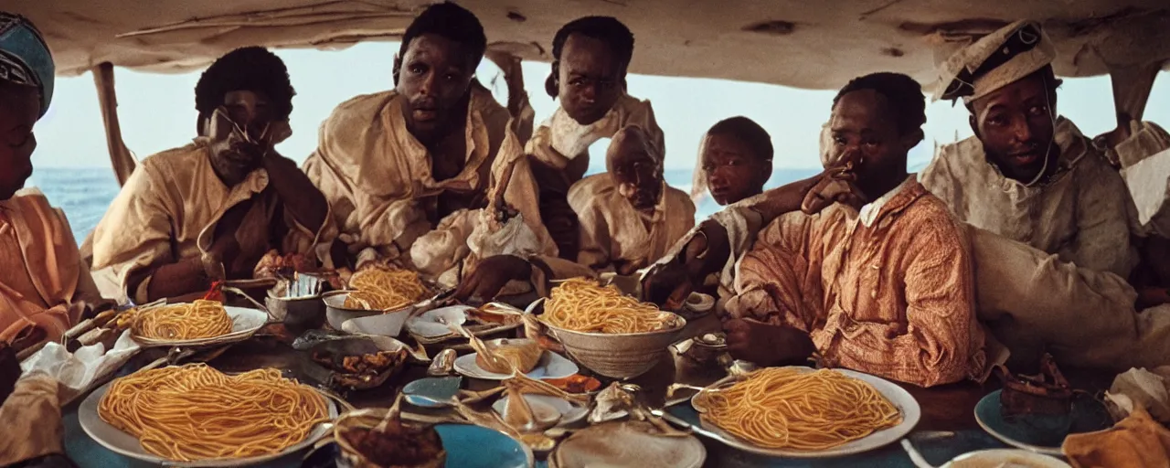 Image similar to vasco da gama sailing around africa, eating spaghetti, small details, intricate, canon 8 0 mm, cinematic lighting, wes anderson film, kodachrome