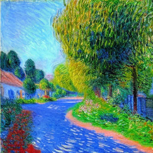Prompt: suburban street painted in the style of Claude Monet