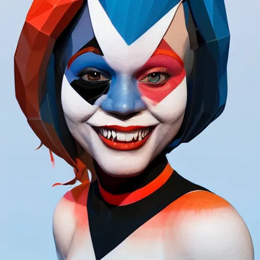 Prompt: digital art, low poly 3d render of Harley Quinn but she's a beautiful ape kid with long pony tails on either side of her head, illustration, by James Jean, artgerm, octane render, by John Coltrane and Marc Simonetti, Manic, graffiti, kinemacolor, colorful, high detail of the face